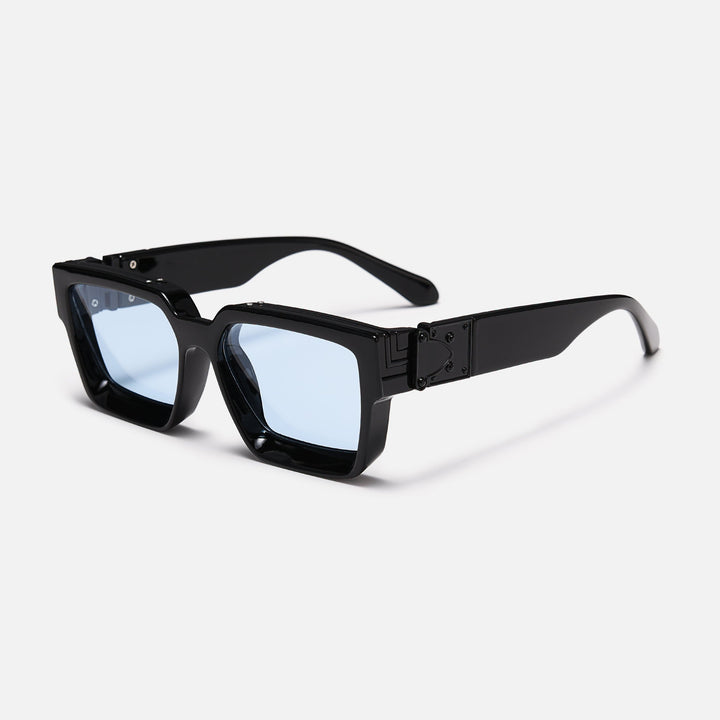 Glossy black square frame with light blue lenses and black hinge plate, shown at an angle. 4
