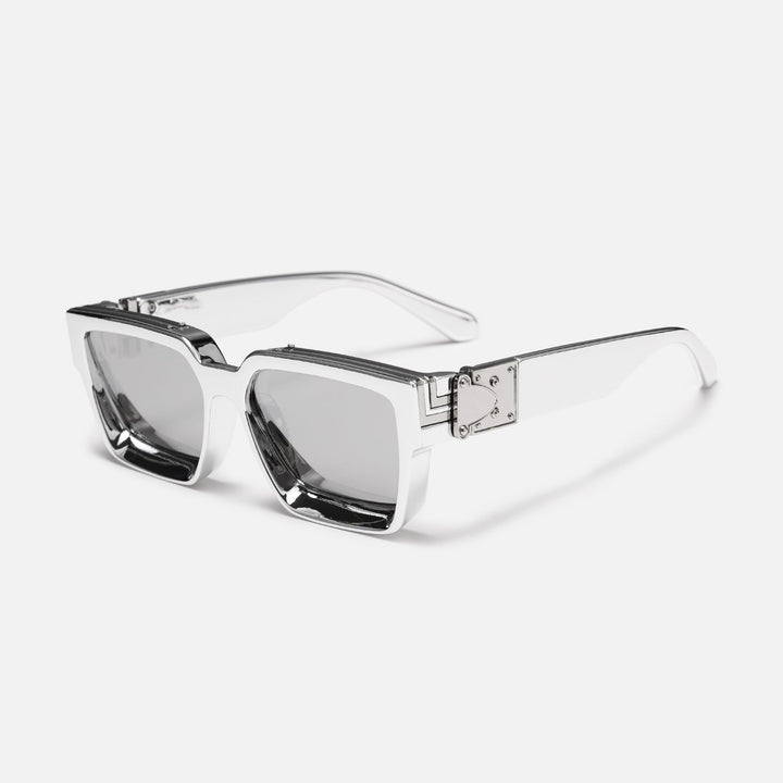 Mirrored silver chrome frame with silver hinge plate and reflective silver lenses, shown at an angle. 11