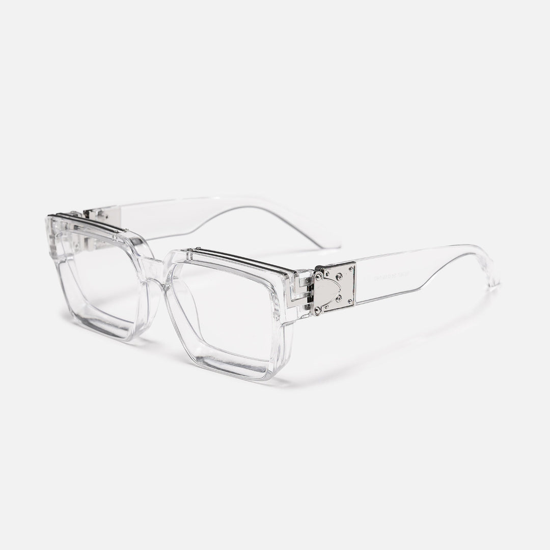 Clear transparent square frame with silver hinge plate and clear lenses, shown at an angle. 20