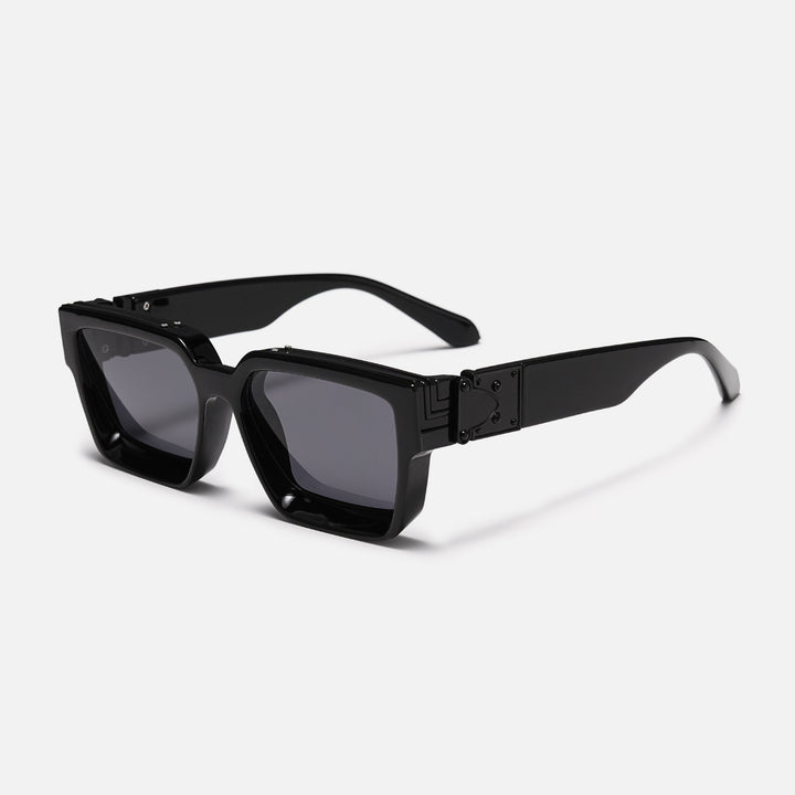 Chunky glossy black square frame with dark gray lenses and a black metal hinge plate, shown at an angle. 1