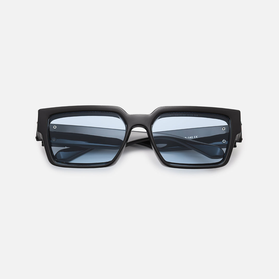 Black square sunglasses with blue-tinted lenses, folded and lying flat, seen from the front. 5