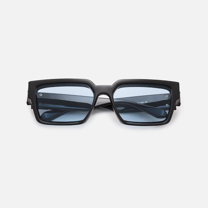 Black square sunglasses with blue-tinted lenses, folded and lying flat, seen from the front. 5