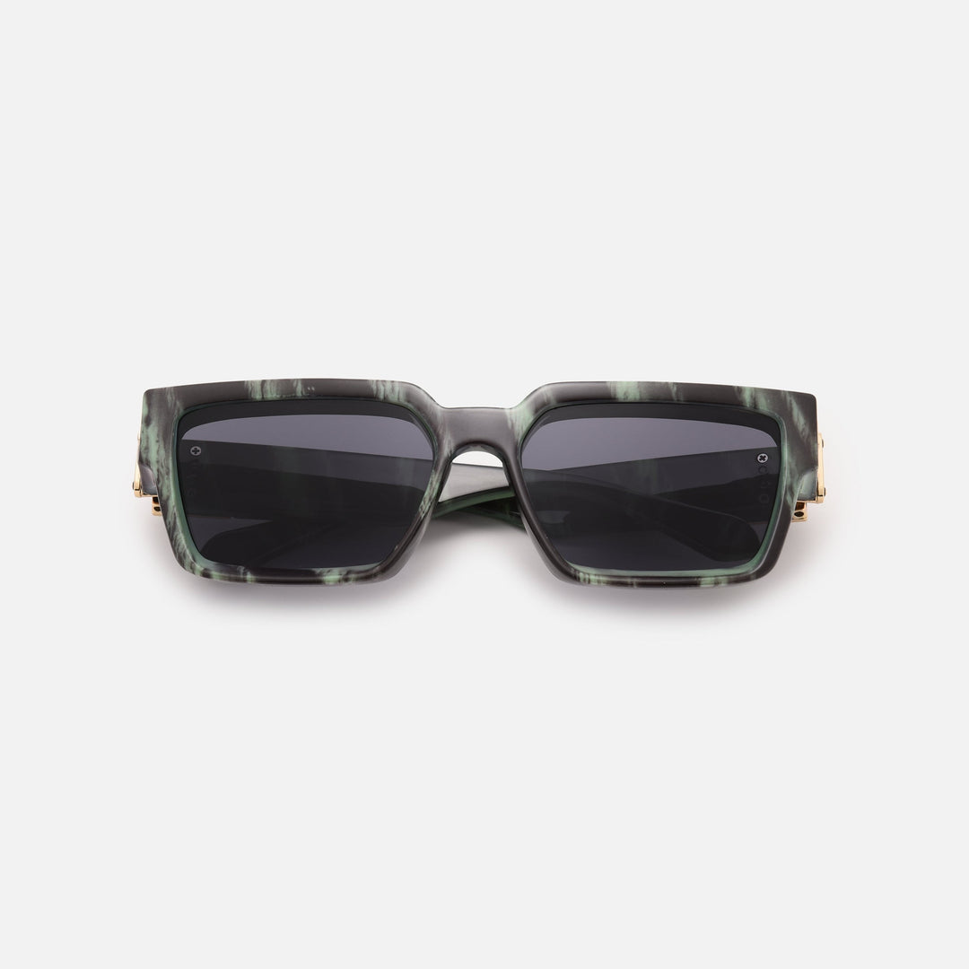 Green and black marbled square sunglasses with dark lenses, folded flat and seen from the front. 15