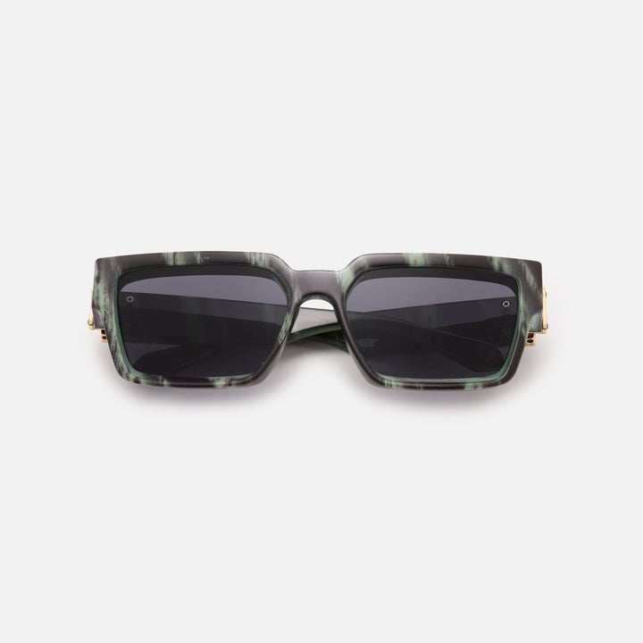 Green and black marbled square sunglasses with dark lenses, folded flat and seen from the front. 15