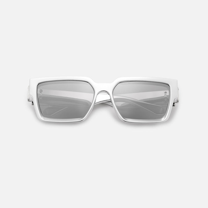 Silver chrome square sunglasses with mirrored lenses, folded and lying flat, seen from the front. 12