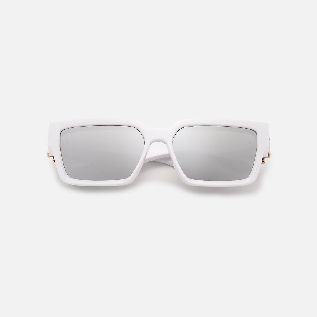 White square sunglasses with silver mirrored lenses, folded and lying flat, seen from the front. 18