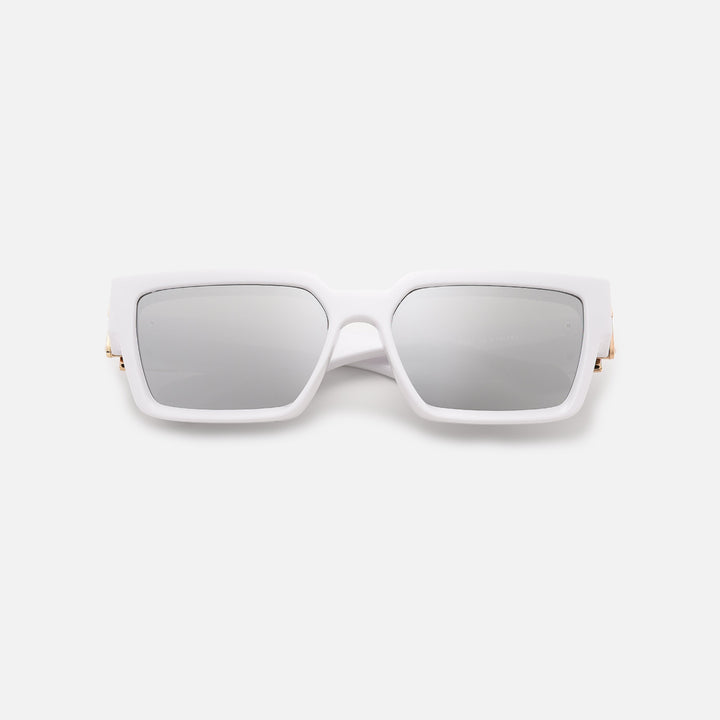 White square sunglasses with silver mirrored lenses, folded and lying flat, seen from the front. 18