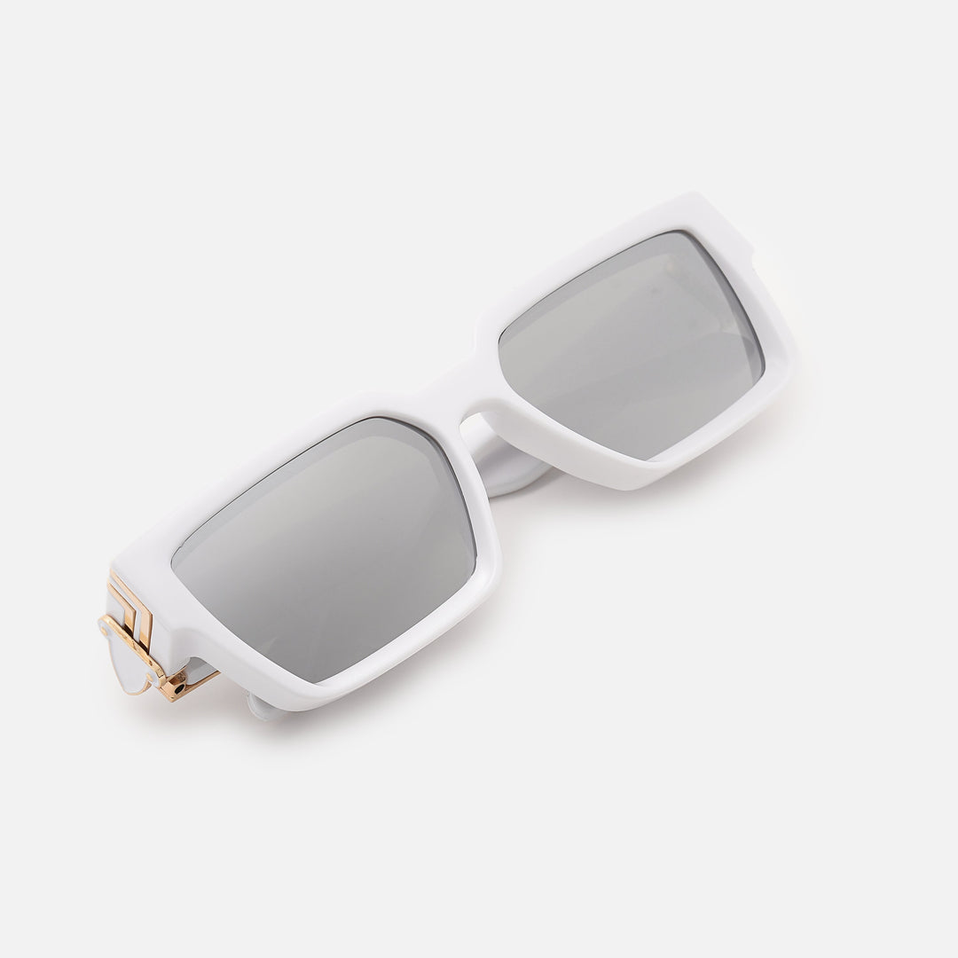 Folded white sunglasses with mirrored lenses and gold hinge, viewed from above at an angle. 19