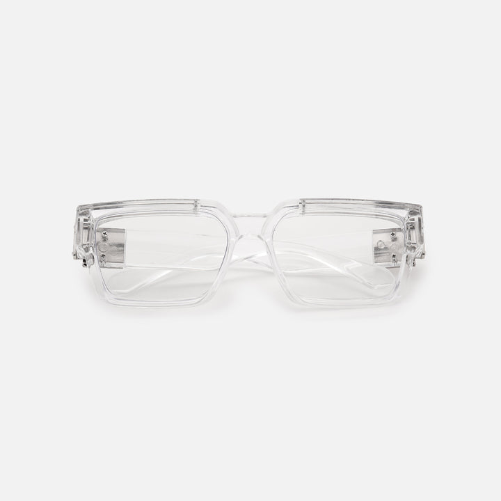 Chunky clear square-framed glasses with clear lenses and silver metal hinge plates, folded and viewed from the front on a light background. 21