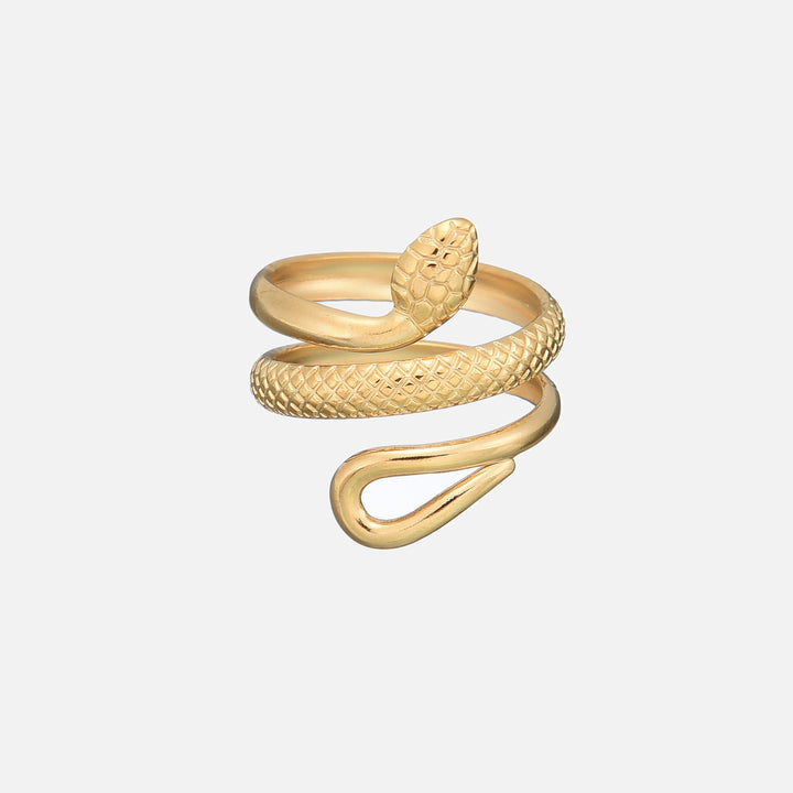 Gold-tone ring shaped like a snake coiled in a spiral, with a scaled head and textured scale pattern, on a plain light background. 1