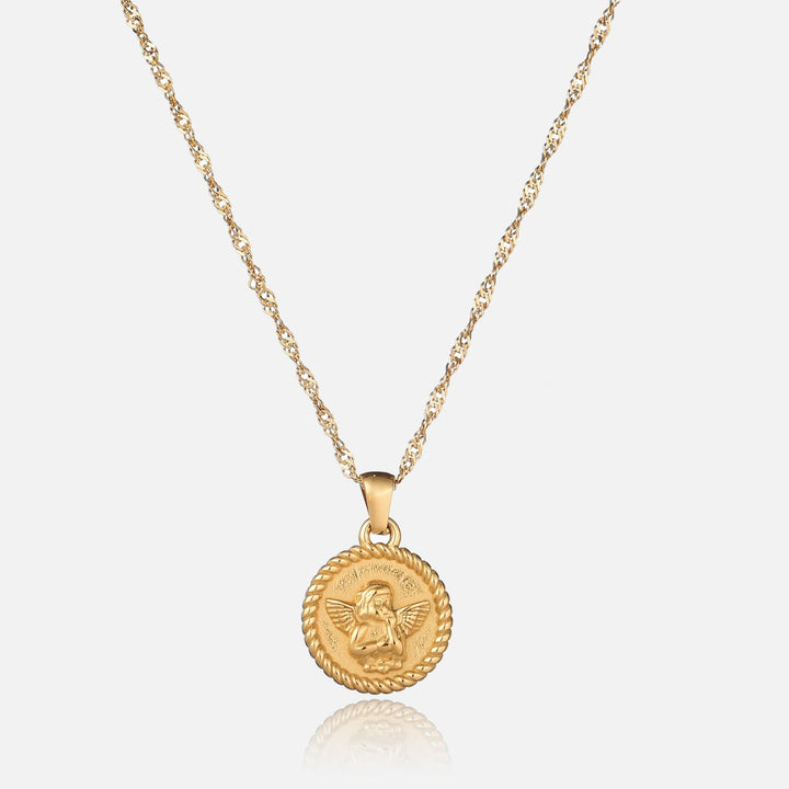 Front view of a round gold pendant showing a raised cherub with wings, framed by a twisted rope border, on a twisted chain. 1