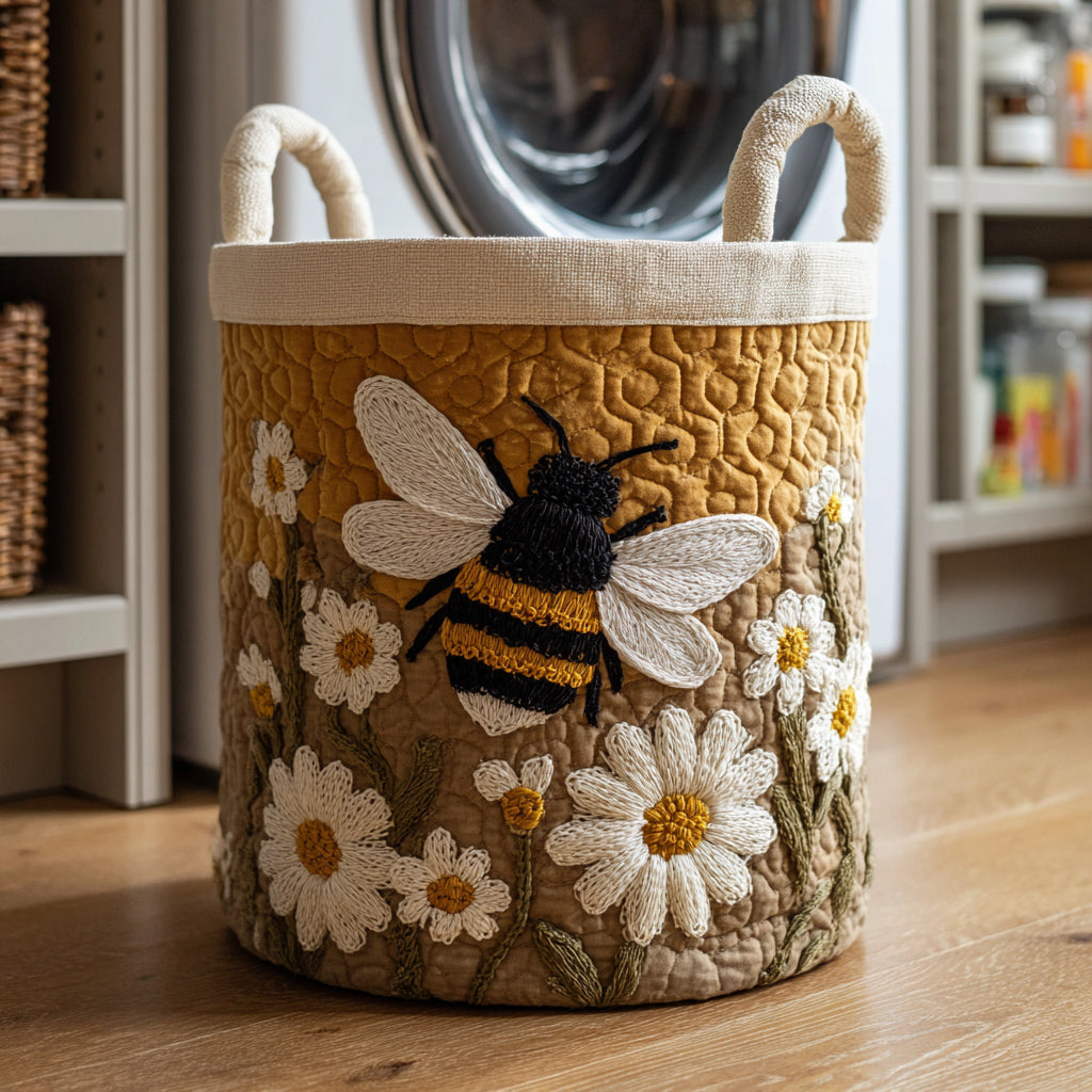 Front view of the beige quilted laundry basket with daisies and a bee, standing on a wood floor near a washing machine.