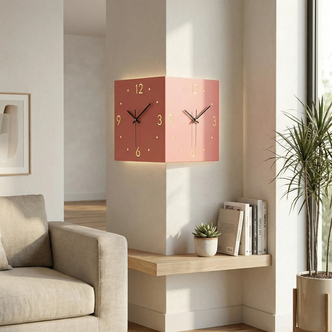 Decoratieve Hoekwandklok Met 2 Wijzerplaten - Angleclock