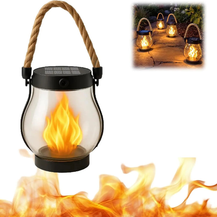 Single lantern with rope handle and solar top beside a small inset of lanterns lining a garden path 2