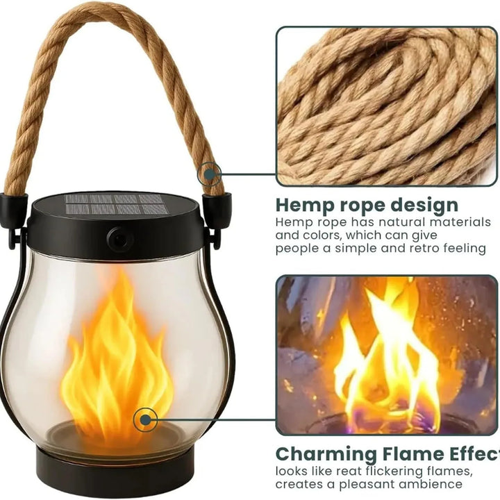Lantern beside close-up insets of the twisted hemp rope handle and the flickering flame effect 4