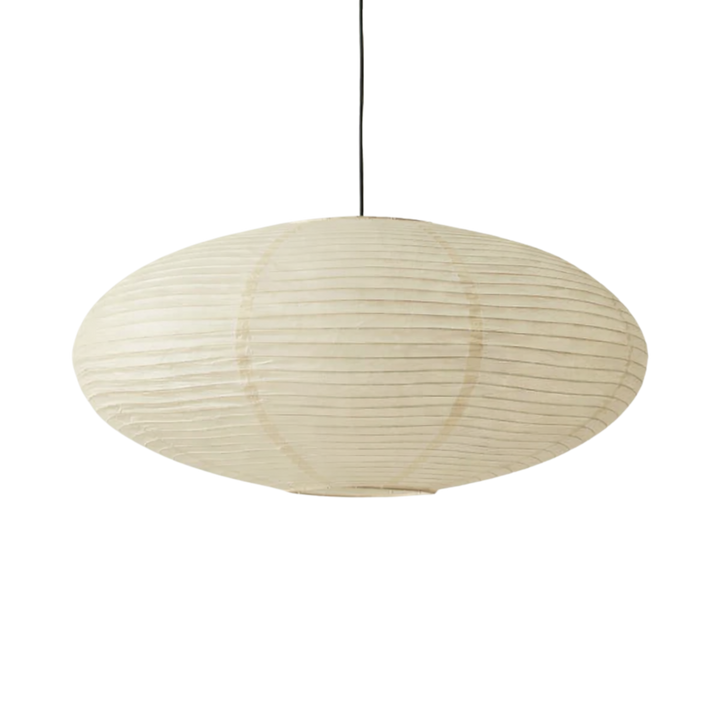 Cutout of the oval ribbed paper lantern shade on a plain white background, hanging from its black cord. 3