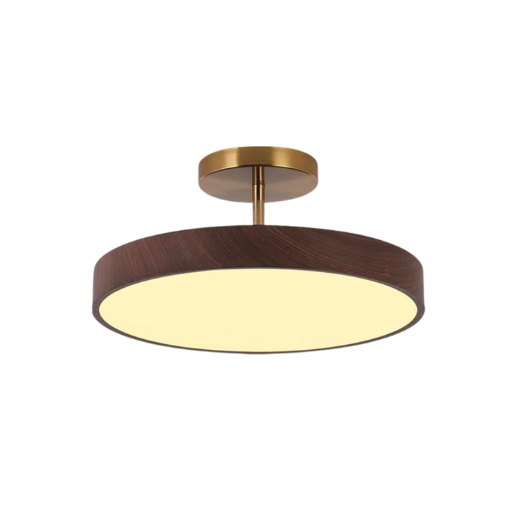 Dark wood-look disc ceiling light with brass-tone mount and stem, lit with a warm glow, shown alone on a white background.