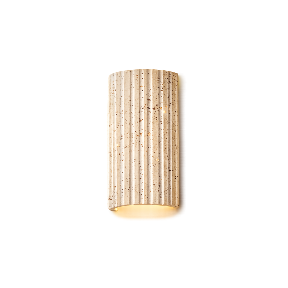Natural Stone Wall Sconce Wall Light in beige stone, front view on a white background with warm light underneath.