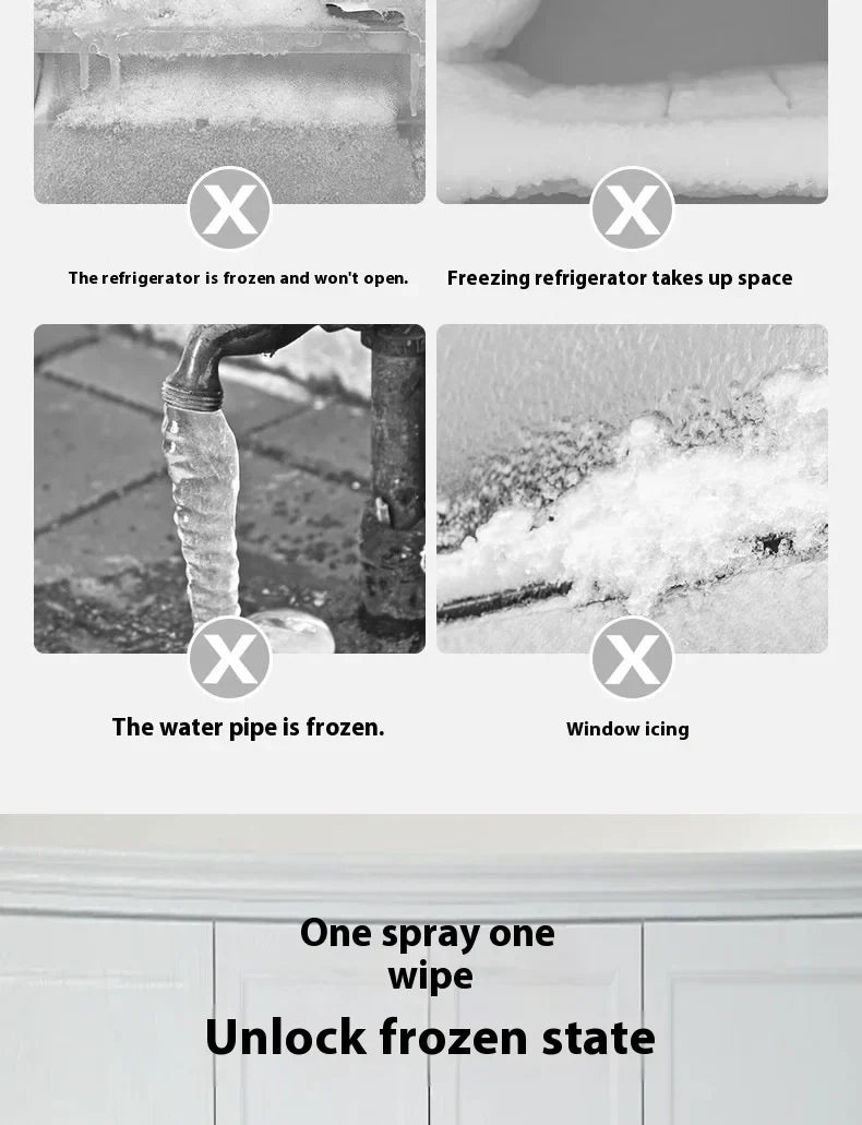 Four problem photos: a frozen-shut fridge, a crowded freezer, a frozen water pipe and an icy window 10