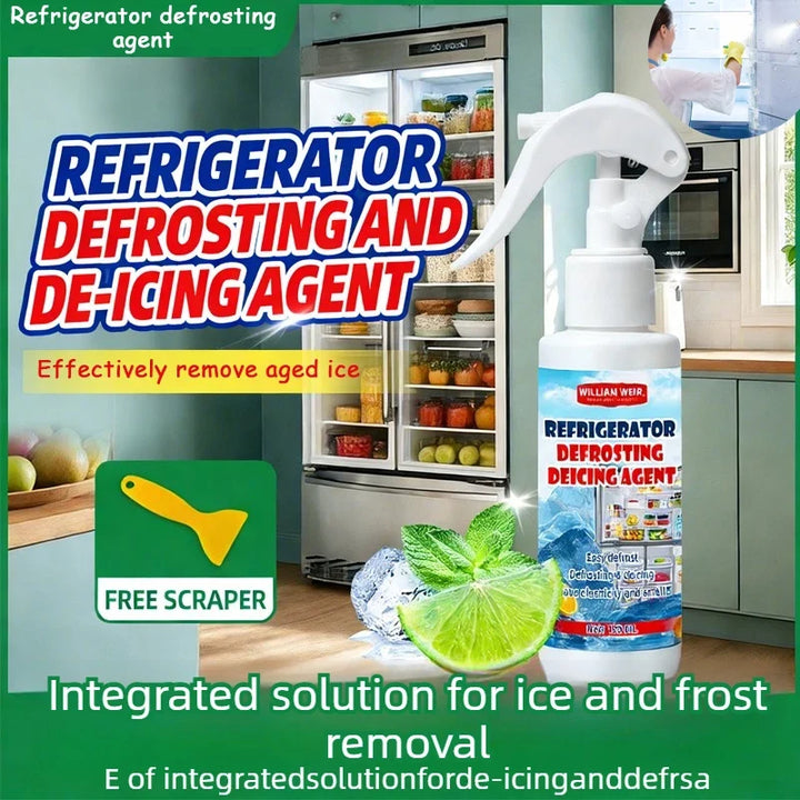 Spray bottle with lime, mint and ice, a free yellow scraper icon, and a stocked fridge behind 2