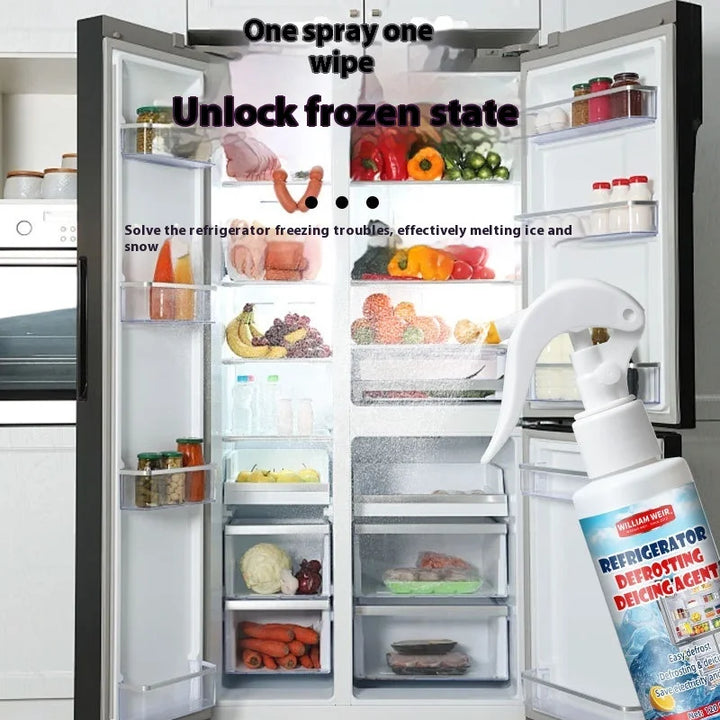 Spray bottle in front of an open fridge full of food, with one-spray, one-wipe text 4