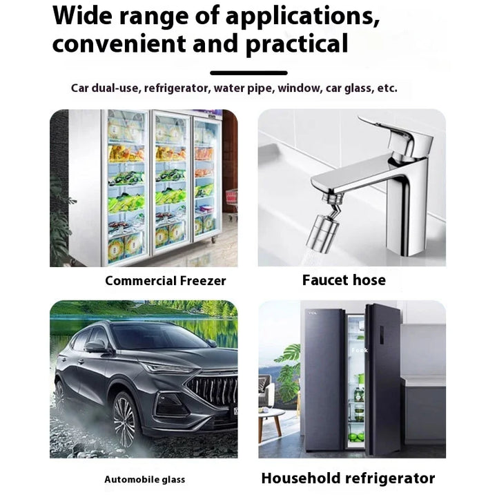 Four-panel collage of uses: commercial freezer, faucet, car glass and household fridge 6