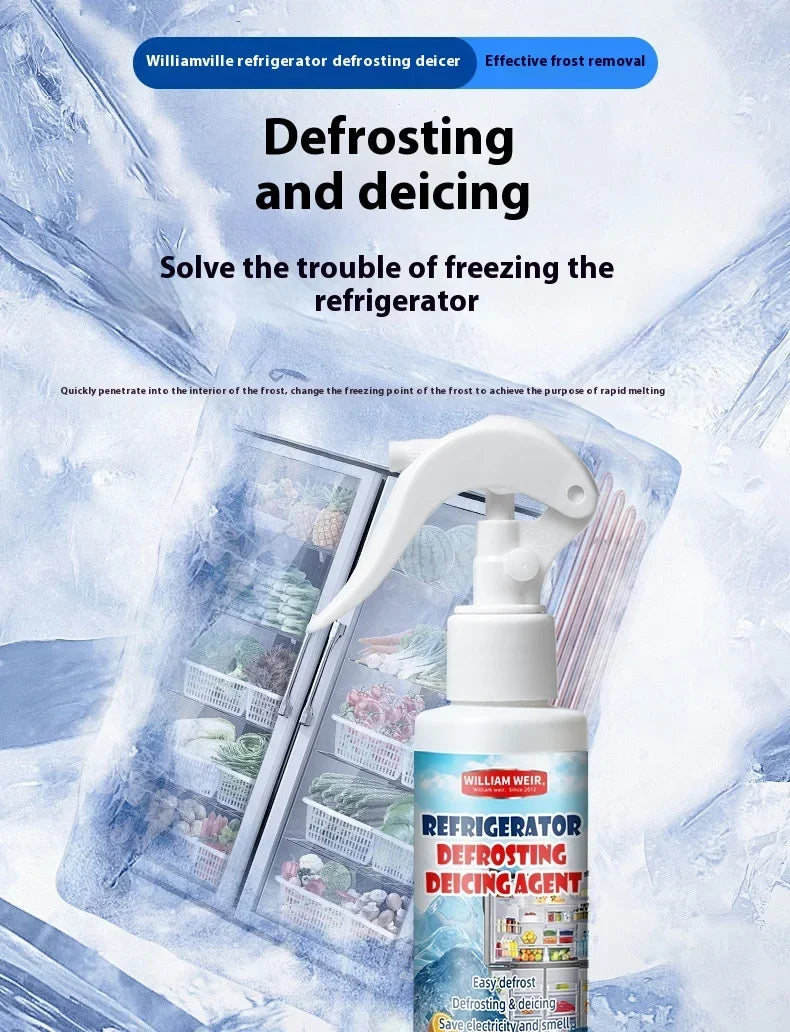 Spray bottle in front of a fridge encased in ice, with food visible inside 8
