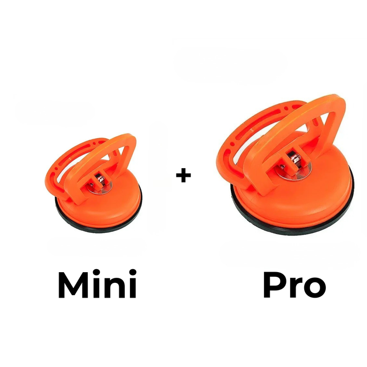 Orange small and larger suction dent pullers side by side, showing the size difference between the two cups.