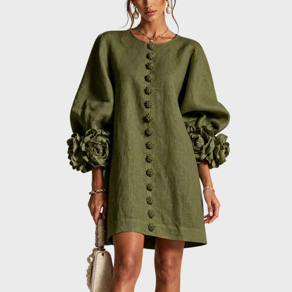 Olive green linen mini dress with puff sleeves and flower buttons, front view.