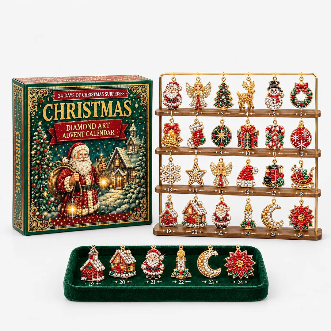 Gift box, numbered gold charm stand and velvet tray holding six charms, arranged against a plain white background. 2