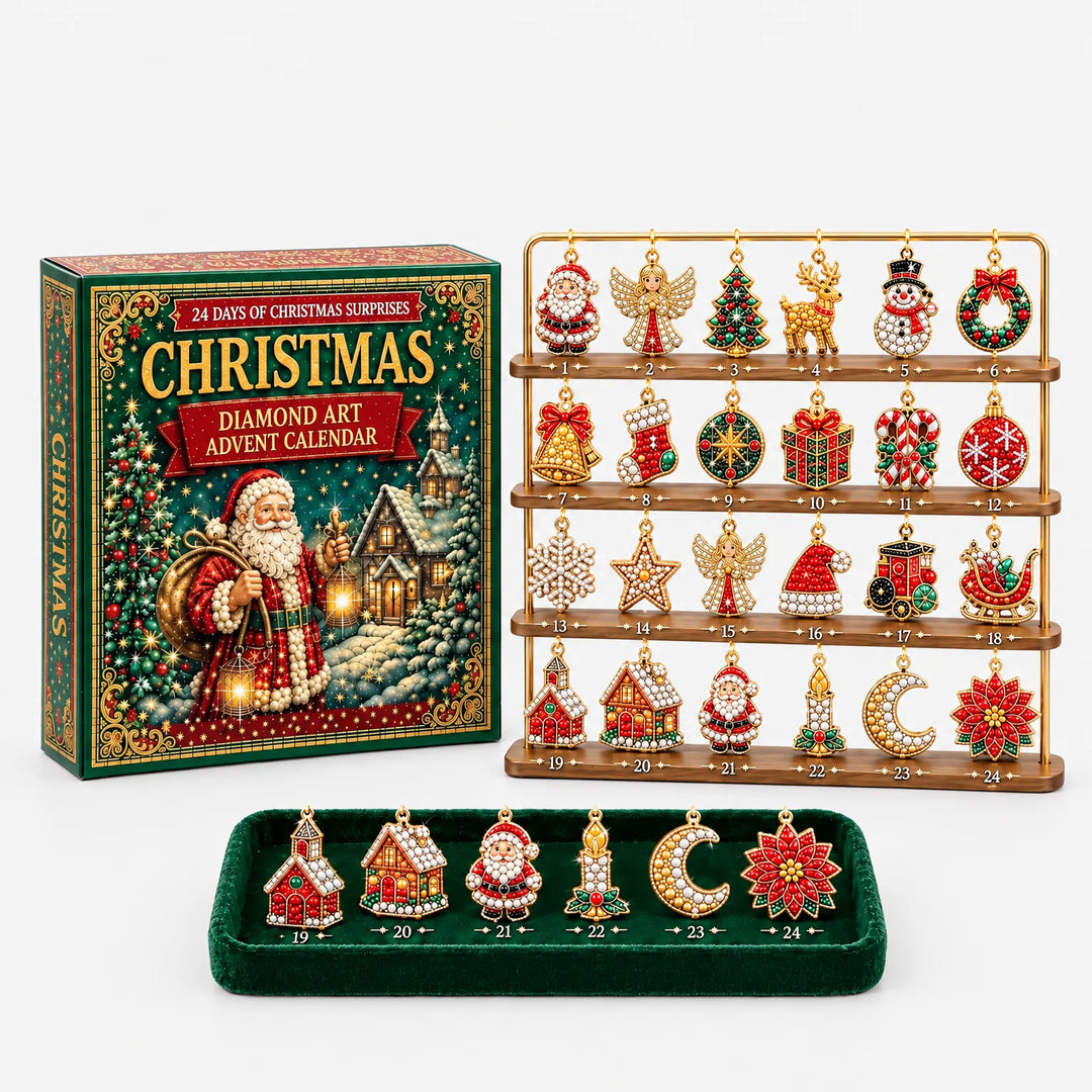 Studio shot on white of the boxed set, the stand of 24 jeweled charms and the green velvet tray with six pieces. 4