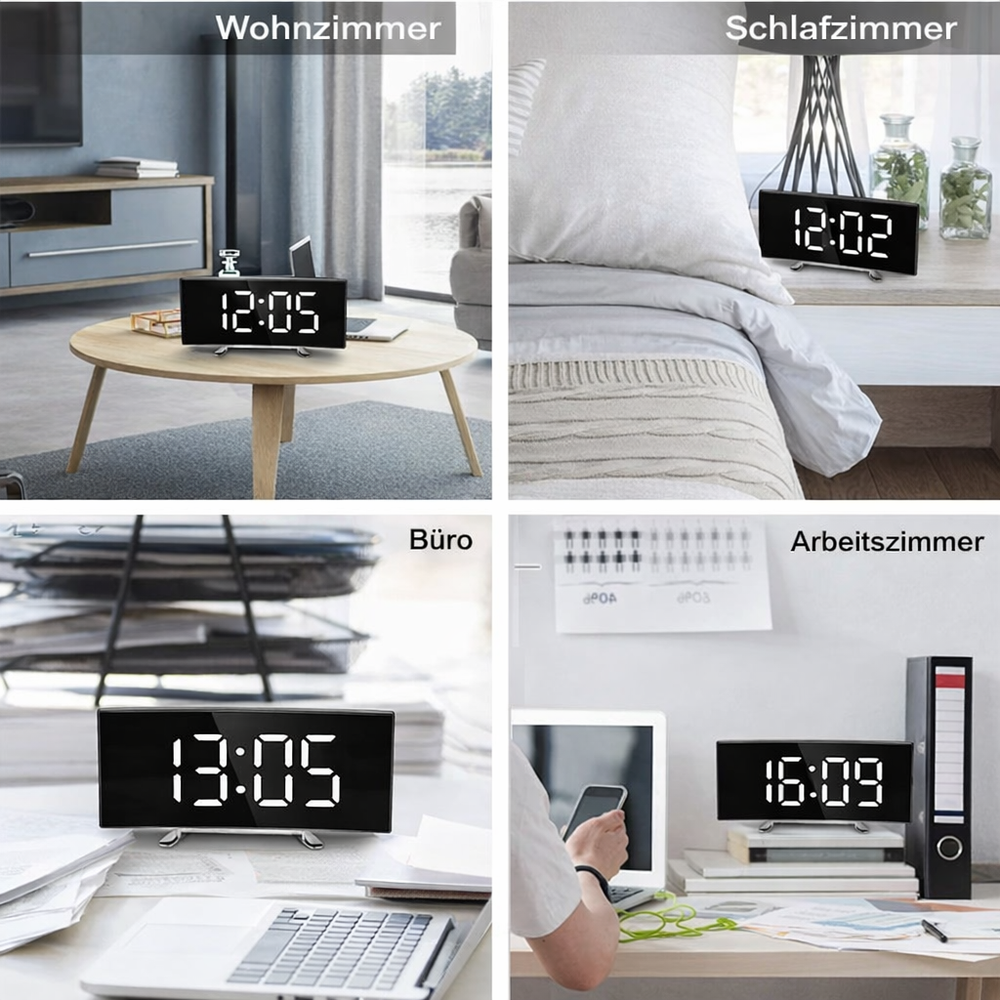 Four-panel collage showing the clock with white digits placed in a living room, bedroom, office and home study.