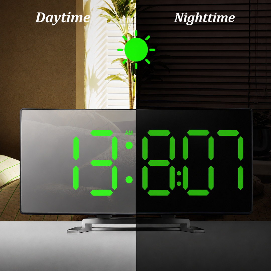 Split daytime and nighttime comparison showing the green digits on the mirror display, with the screen dimmed in the dark half.