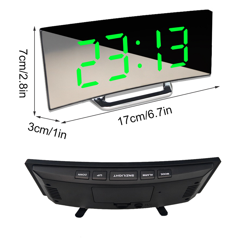Green-digit clock with dimension callouts for height, width and depth, above a rear view showing the control buttons.