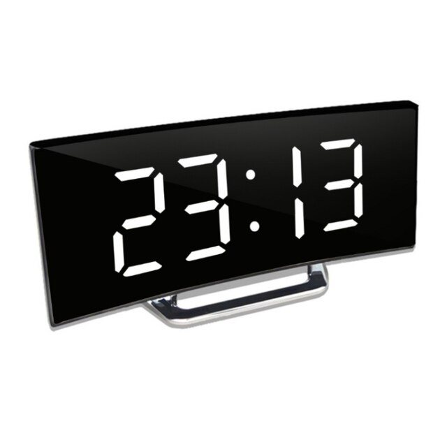 Front view of the curved black mirror clock with white digits and a chrome-look stand on a white background.
