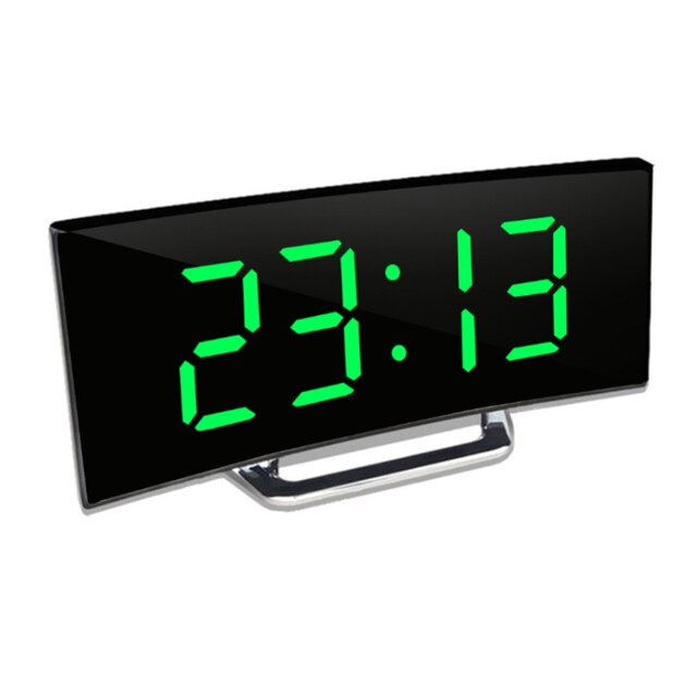 Front view of the curved mirror clock with bright green digits and a silver stand on a white background.