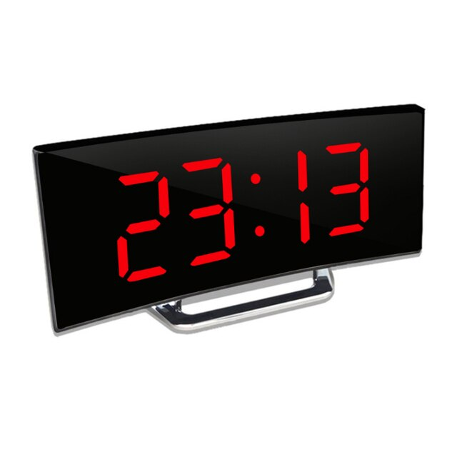 Front view of the curved mirror clock with bright red digits and a silver stand on a white background.