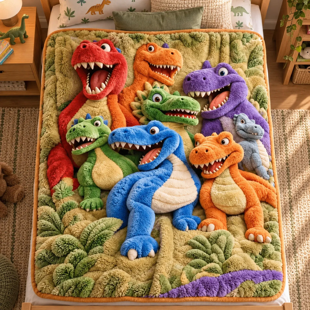 Overhead view of the plush blanket spread on a child's bed, showing colorful toothy dinosaurs among fuzzy green ferns with an orange edge. 1