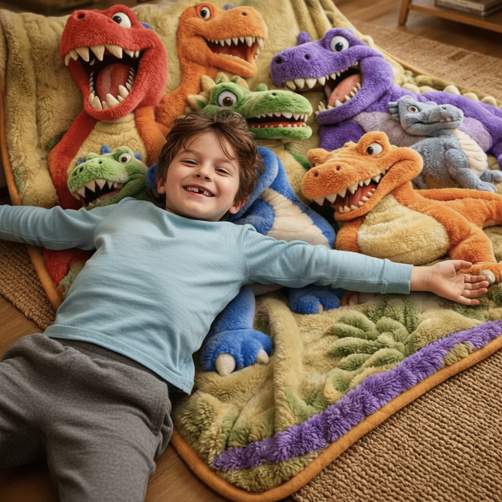 Smiling boy in a light blue shirt lies with arms outstretched on the dinosaur blanket laid on a wood floor. 2
