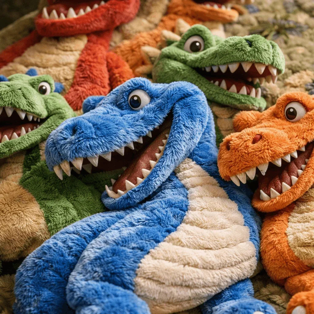 Close-up of the blanket's fluffy textured dinosaurs, featuring a blue dino with a cream belly beside green and orange ones. 4