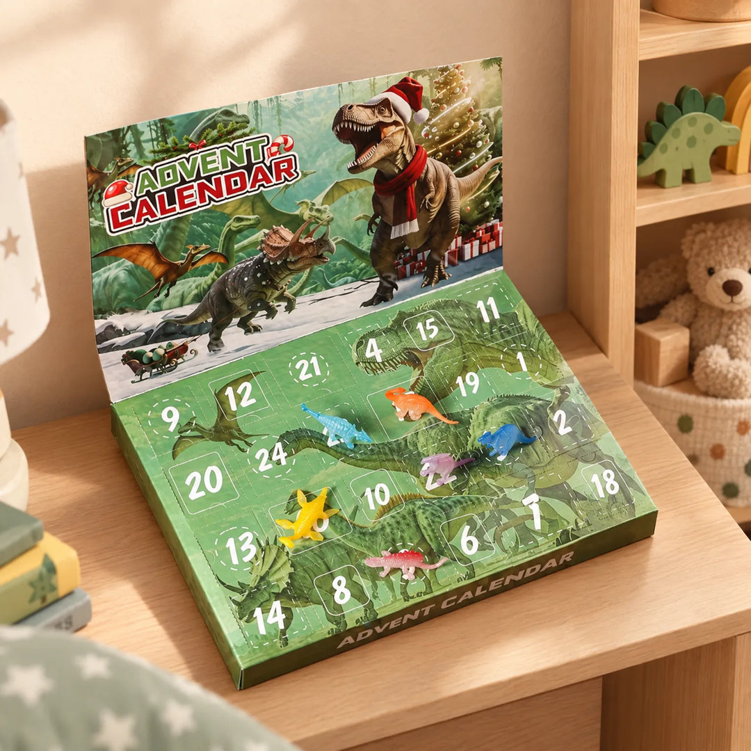 Green dinosaur advent calendar with numbered doors standing open on a wooden nursery shelf, a few small colorful dinosaur figures resting on top. 1