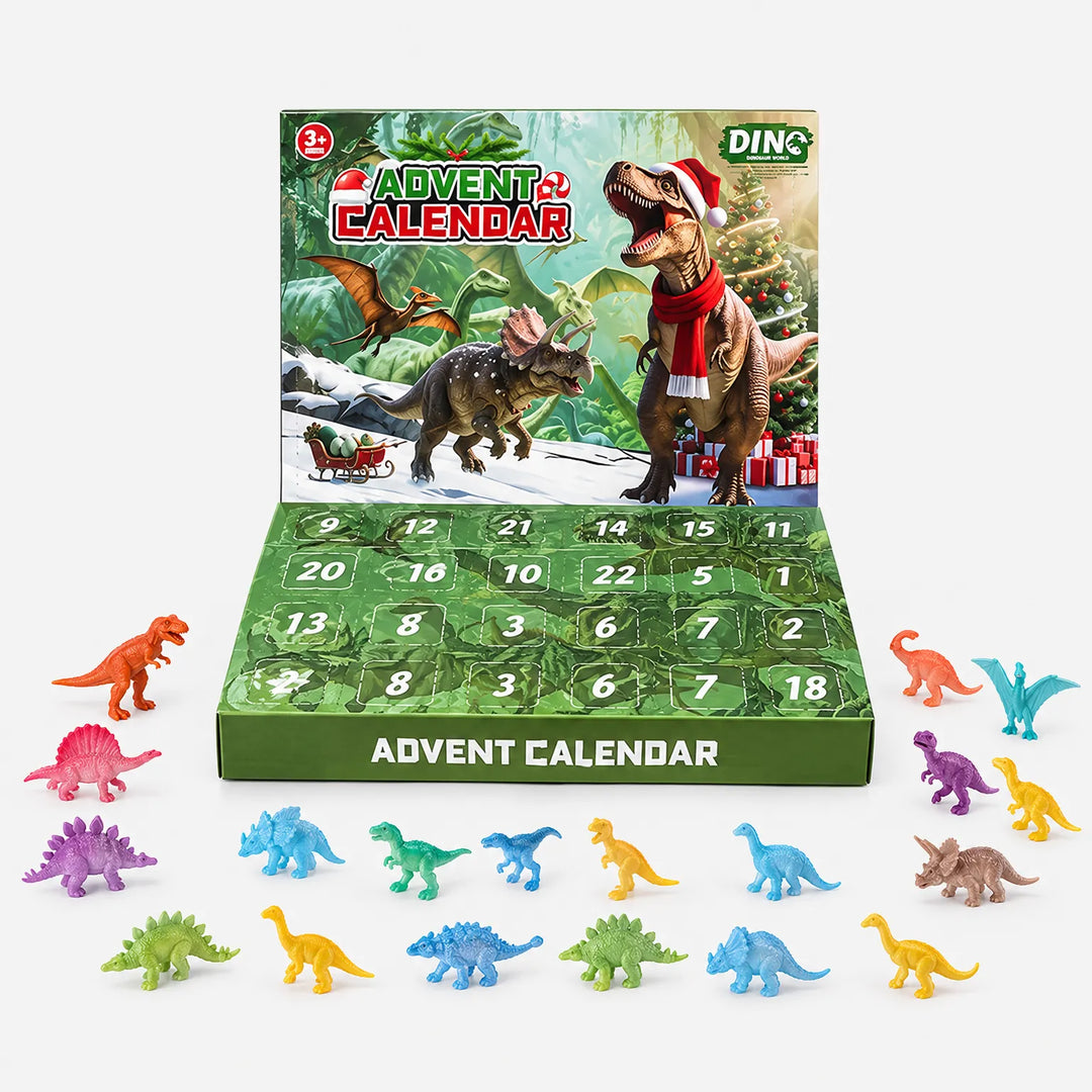 Front view of the calendar box with a festive T. rex scene, shown with two rows of small colorful dinosaur figures laid out around it. 2