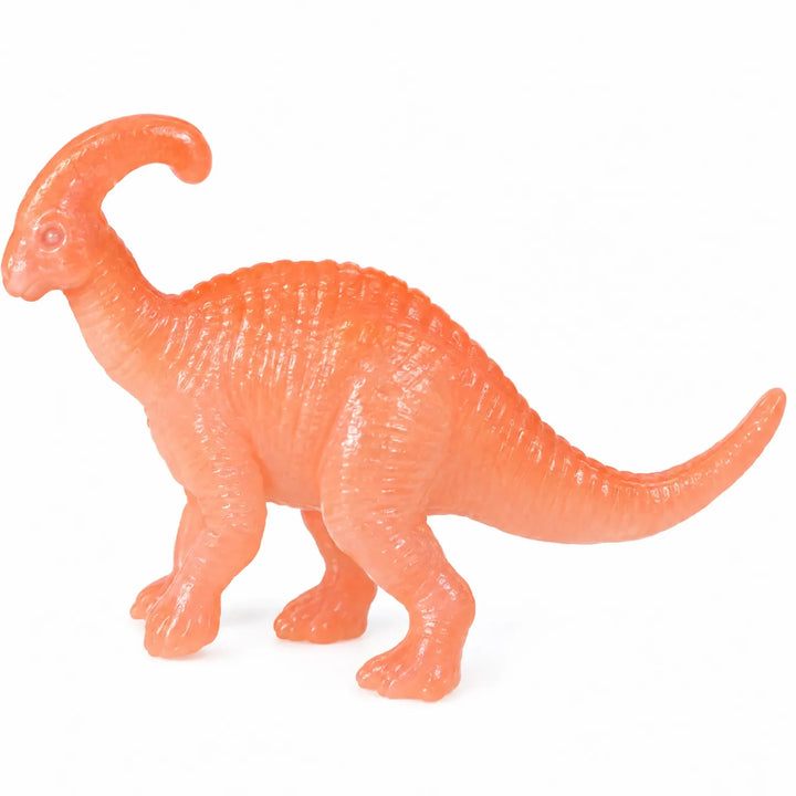 Close-up of one orange duck-billed dinosaur figure with a curved head crest and detailed textured skin, shown on a plain white background. 4