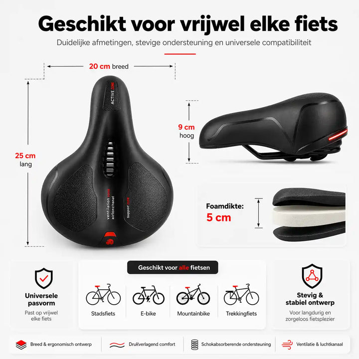 Dimensions graphic of the saddle with length, width, height and foam thickness.
