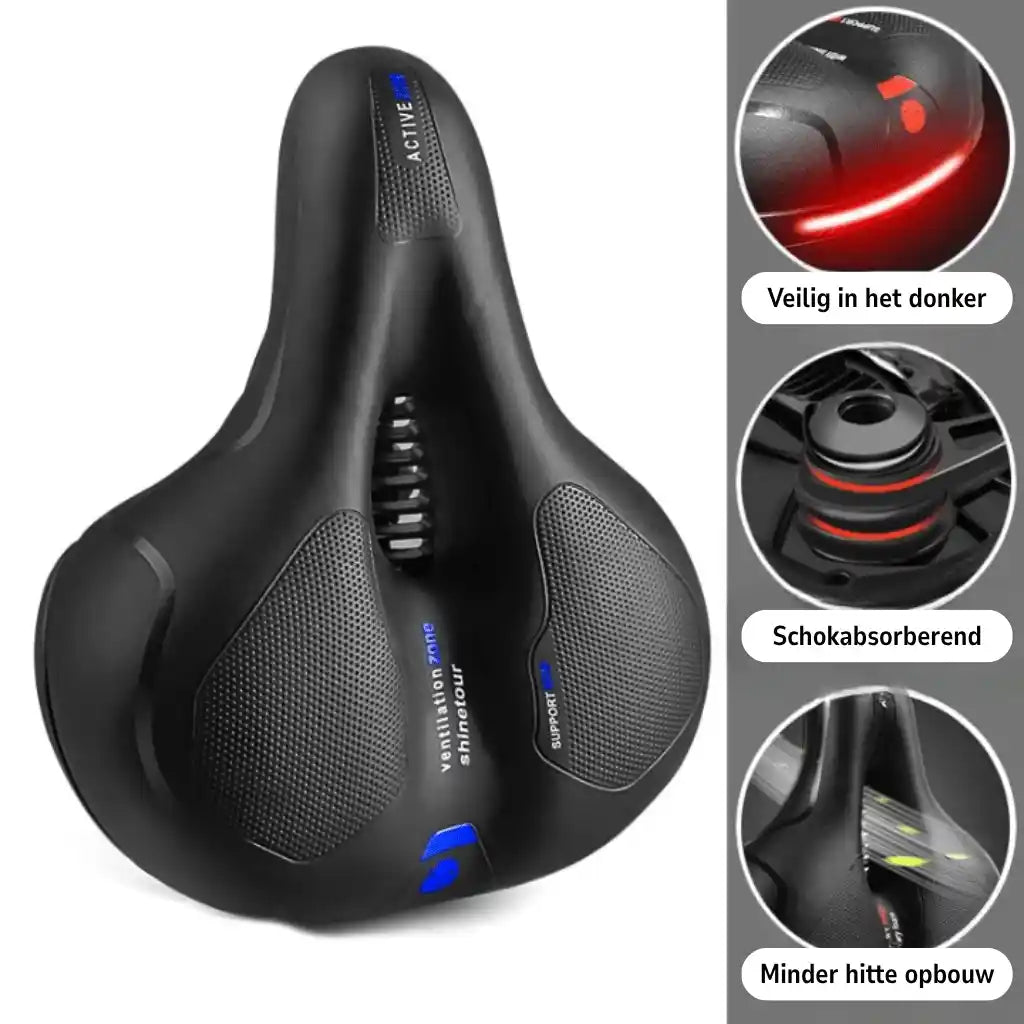 Saddle with blue accents and three circular close-ups: reflective strip, shock absorbers and ventilation channel. 19