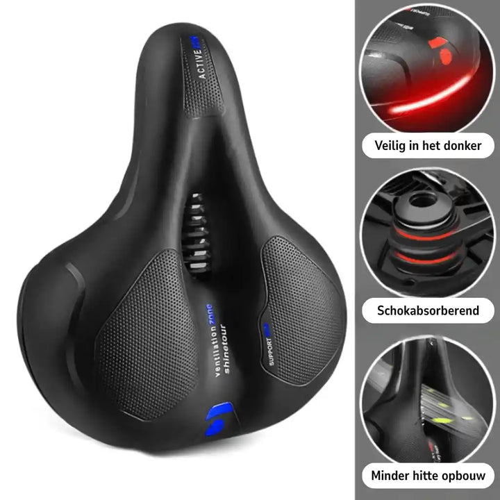 Saddle with blue accents and three circular close-ups: reflective strip, shock absorbers and ventilation channel. 19