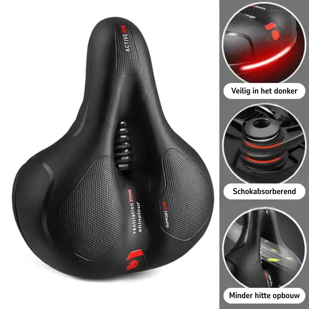 Saddle with red accents and three circular close-ups of the reflective strip, shock absorbers and ventilation channel.