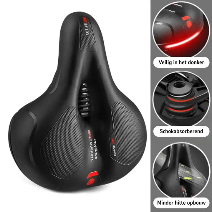 Saddle with red accents and three circular close-ups of the reflective strip, shock absorbers and ventilation channel.