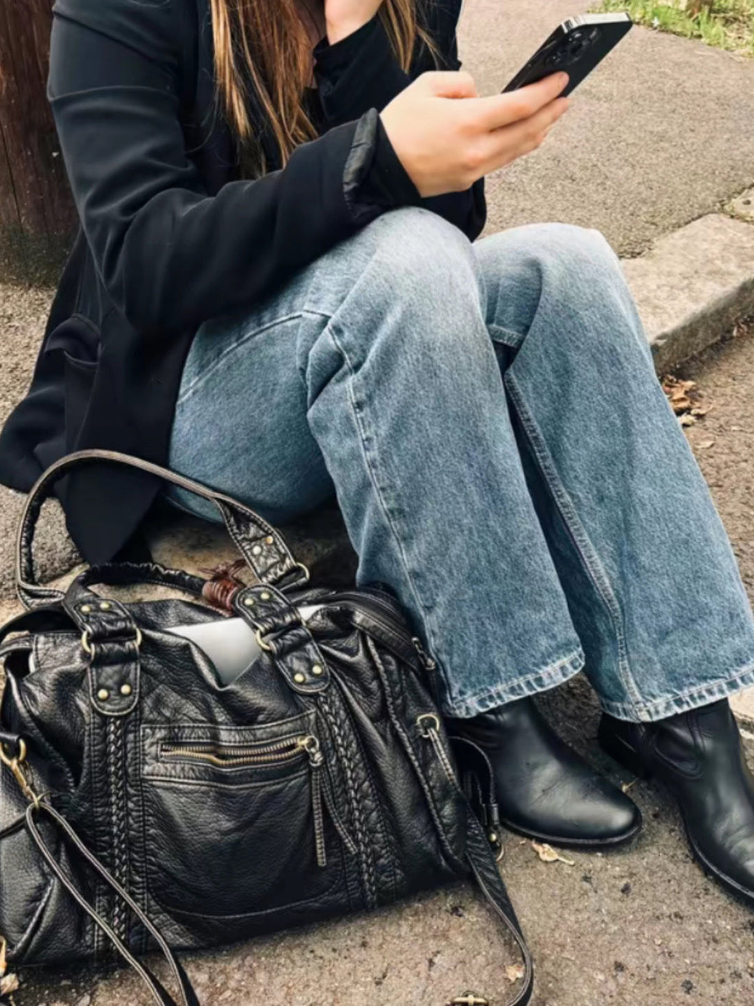 Distressed Black Shoulder Bag - Rivetta