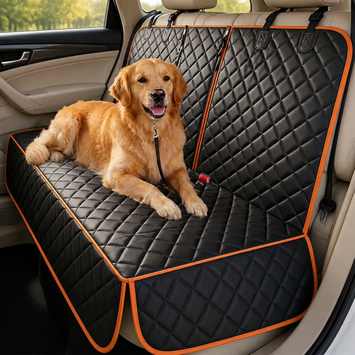 Golden retriever lying on a black quilted rear seat cover with orange trim in a car 1